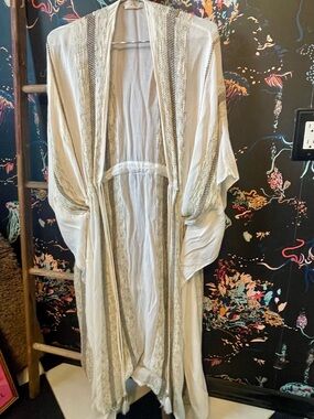 Boho Embroidered Duster Cardigan - Ivory with Metallic Trim